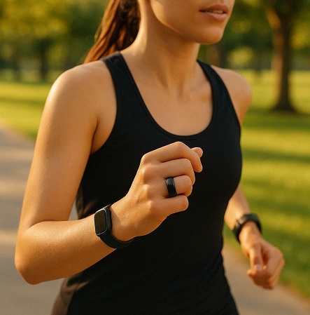Woman running wearing the Aurora Ring, a sleek and stylish smart ring for fitness tracking.